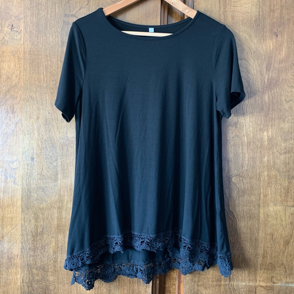 Black Crochet-Hem Short Sleeve Top